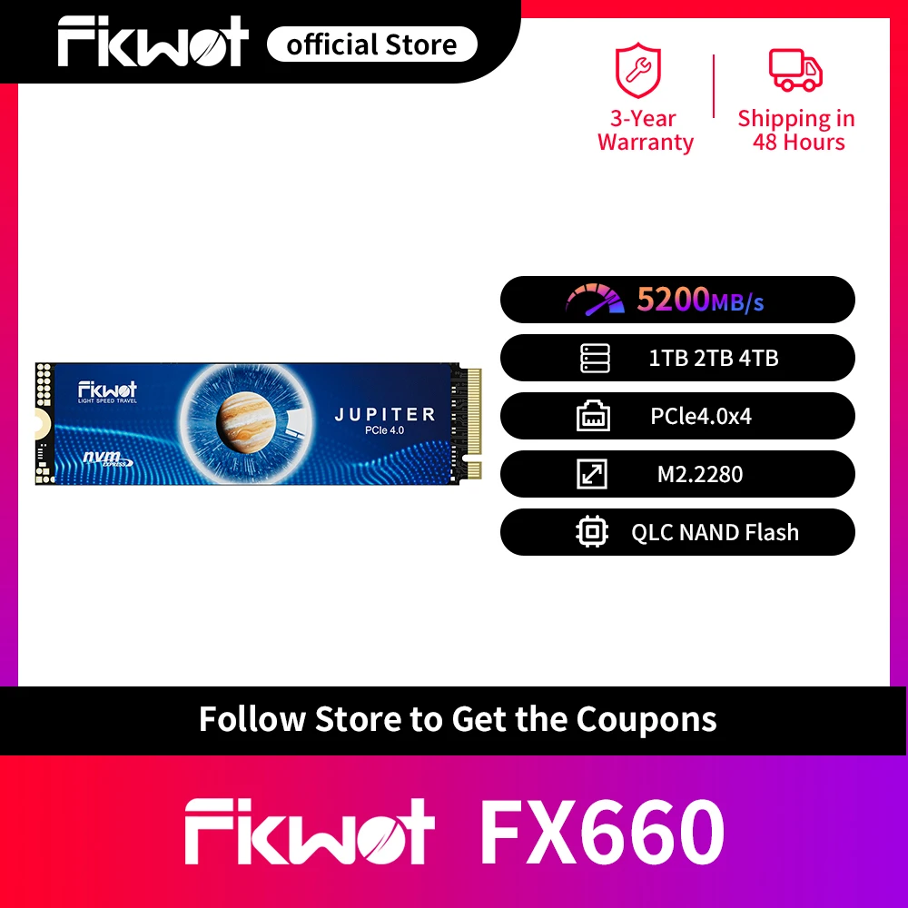 

Фыwot FX660 M.2 2280 SSD 5200 МБ/с nvme PCIe4.0 1 ТБ 2 ТБ 3D NAND QLC твердотельный накопитель SSD для ПК, ноутбука, настольного ПК PS5
