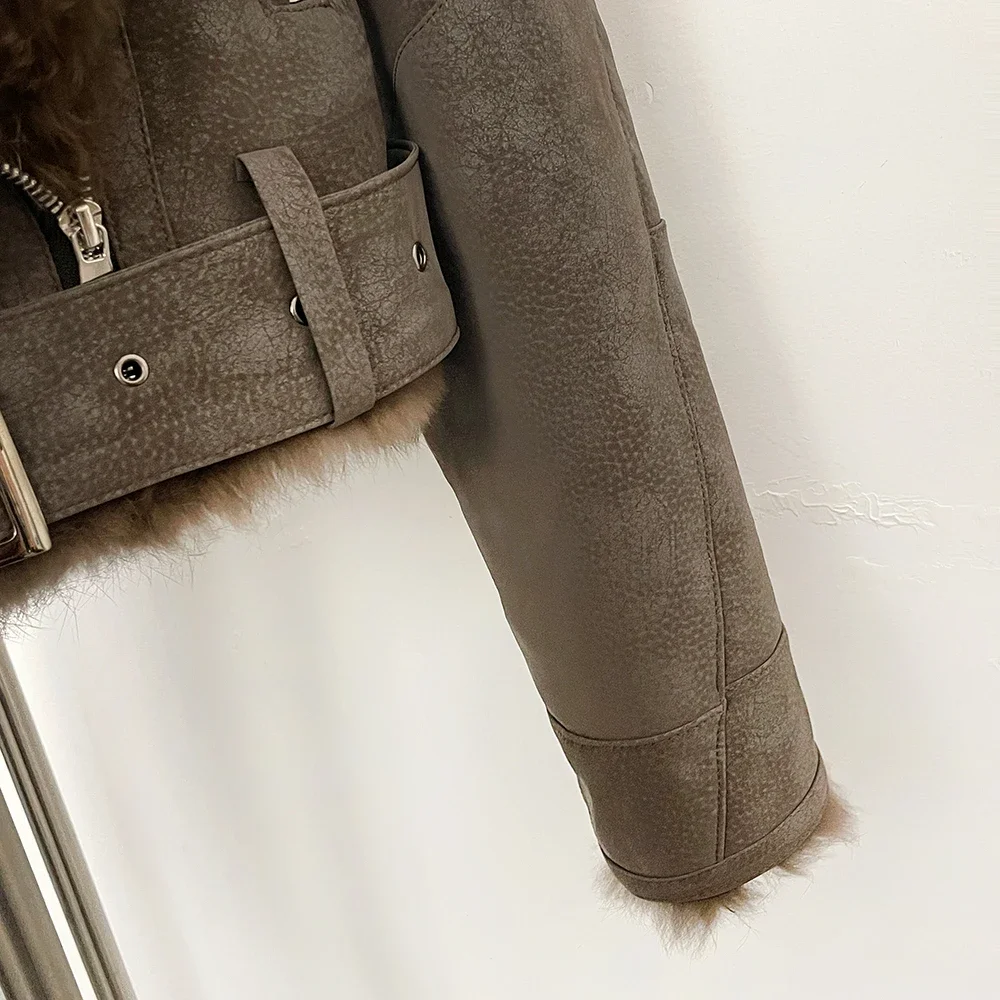 OFTBUY Kurzer Warmer Echt-Lammfellmantel Damen-Wildlederjacke mit Echtfellkragen Neue Herbstkollektion Natürliche Kaninchenfellkleidung für Frauen – Detail 5
