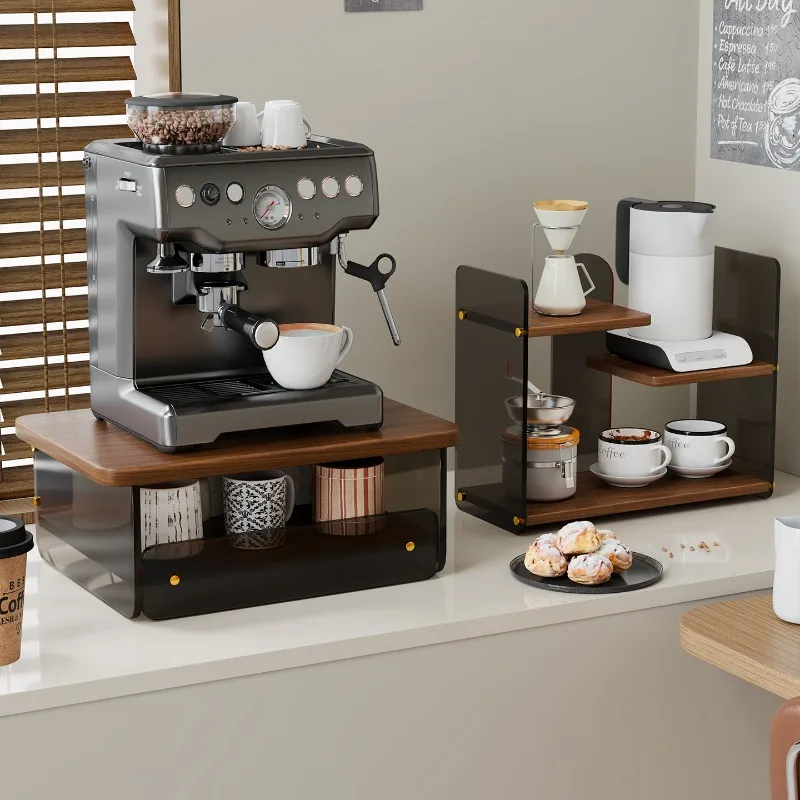 

Double-layer Coffee Machine Storage Rack Acrylic + Wood Material Desktop Storage Rack Multifunctional Kitchen Storage Rack