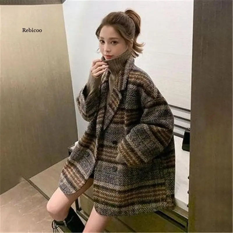 Korea Chic Women Autumn Winter New Loose Small Plaid Casual Warm Tweed Medium Long Thickened Coat Female Tide