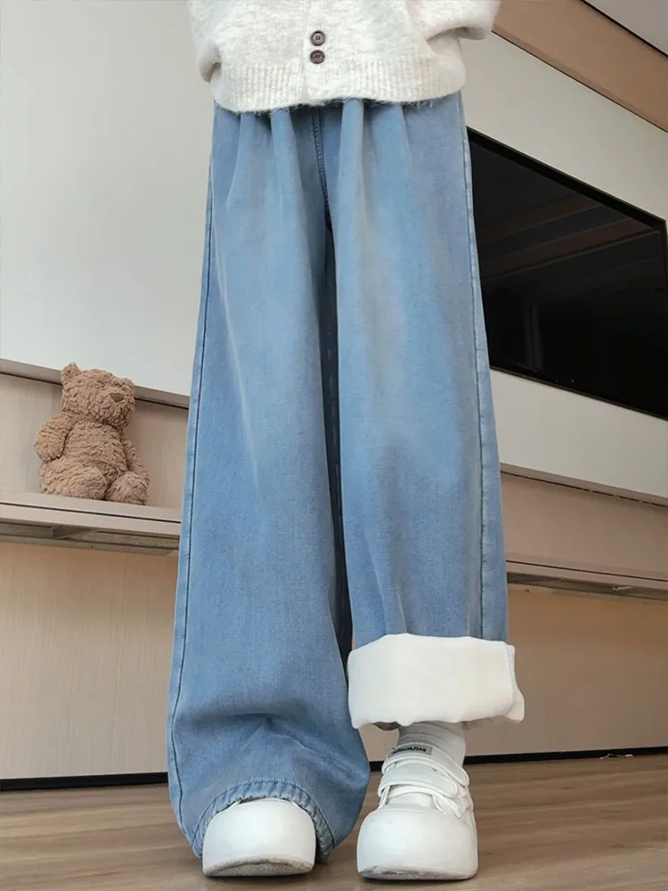 

Женские джинсы с широкими штанинами на флисовой подкладке, с высокой талией, на резинке, свободного кроя, осенне-зимние, новые, повседневные, из смесового хлопка и денима