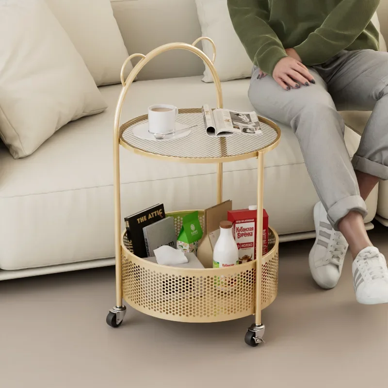 

Home Living Room Modern Simple Snack Rack Movable Double-layer Small Round Table with Rollers