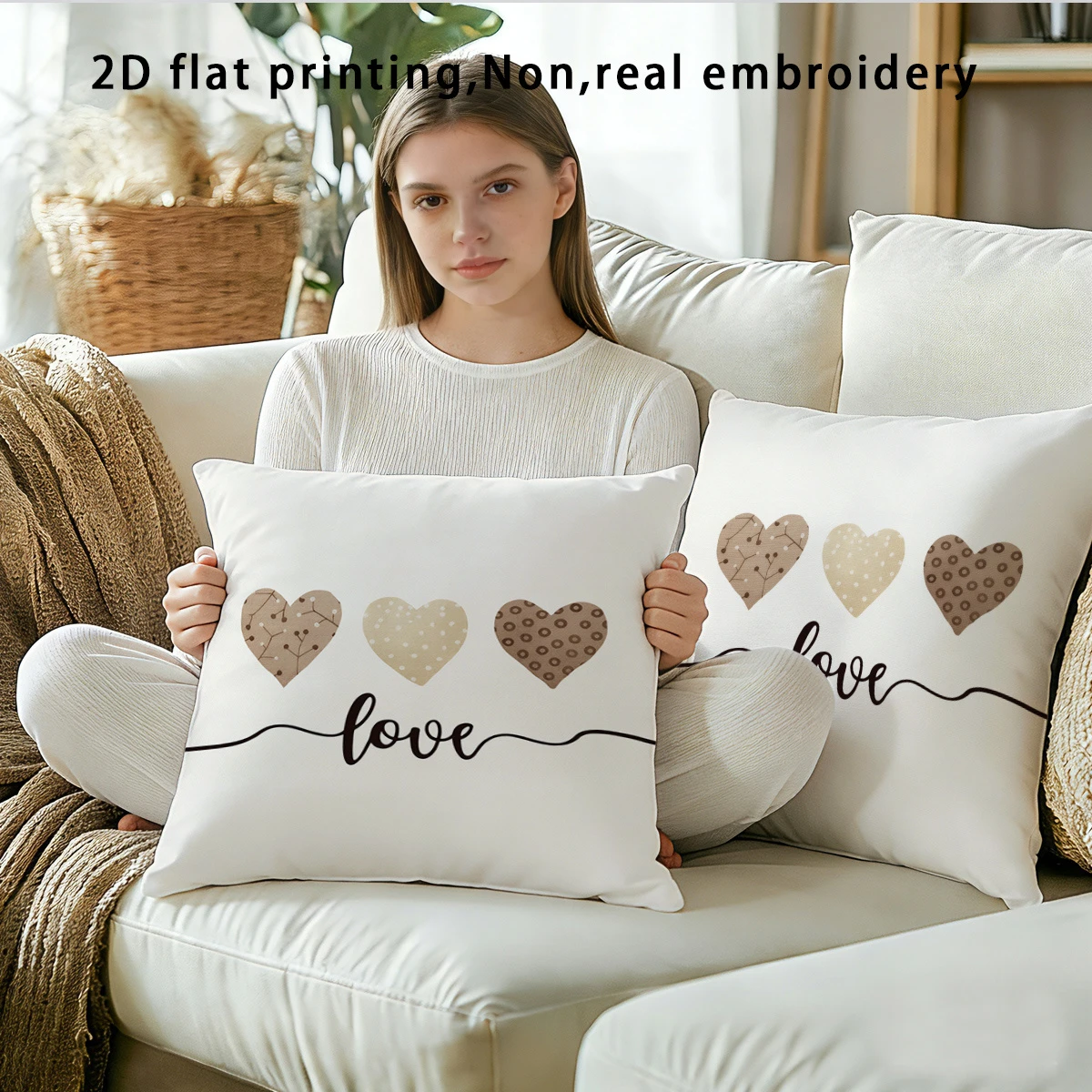 2pcs Boho Love Heart Throw Pillow Covers Neutral Tone Home Decor Cushion Cases for Sofa Bedroom Living Room