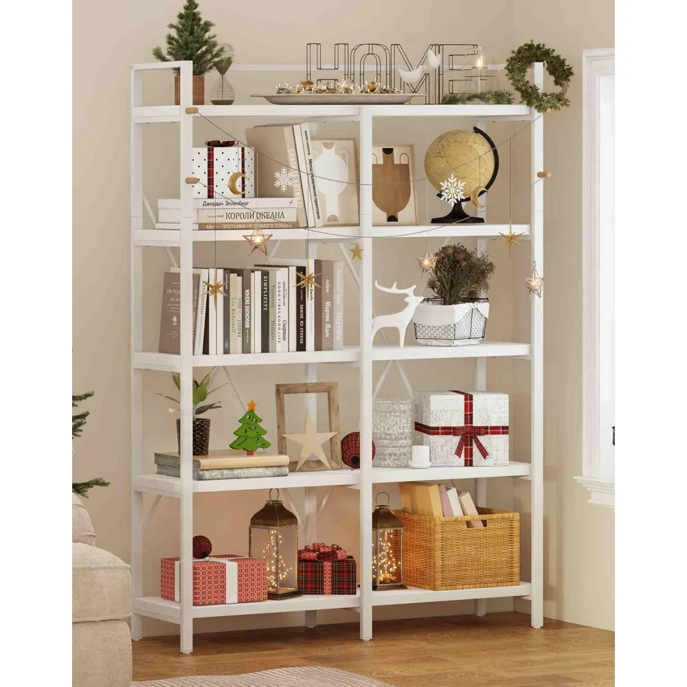 Tall Bookshelves and Bookcases, 5 Tier Wood Metal Bookshelf, 51in Wide Bookcase Modern Shelving Unite for Home Office