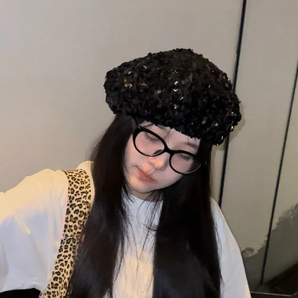 Retro Glitter Sequin Beret Sparkling Trendy Fashion Painter Hat Casual Style Chic Design Lady Octagonal Cap Outdoors Activities
