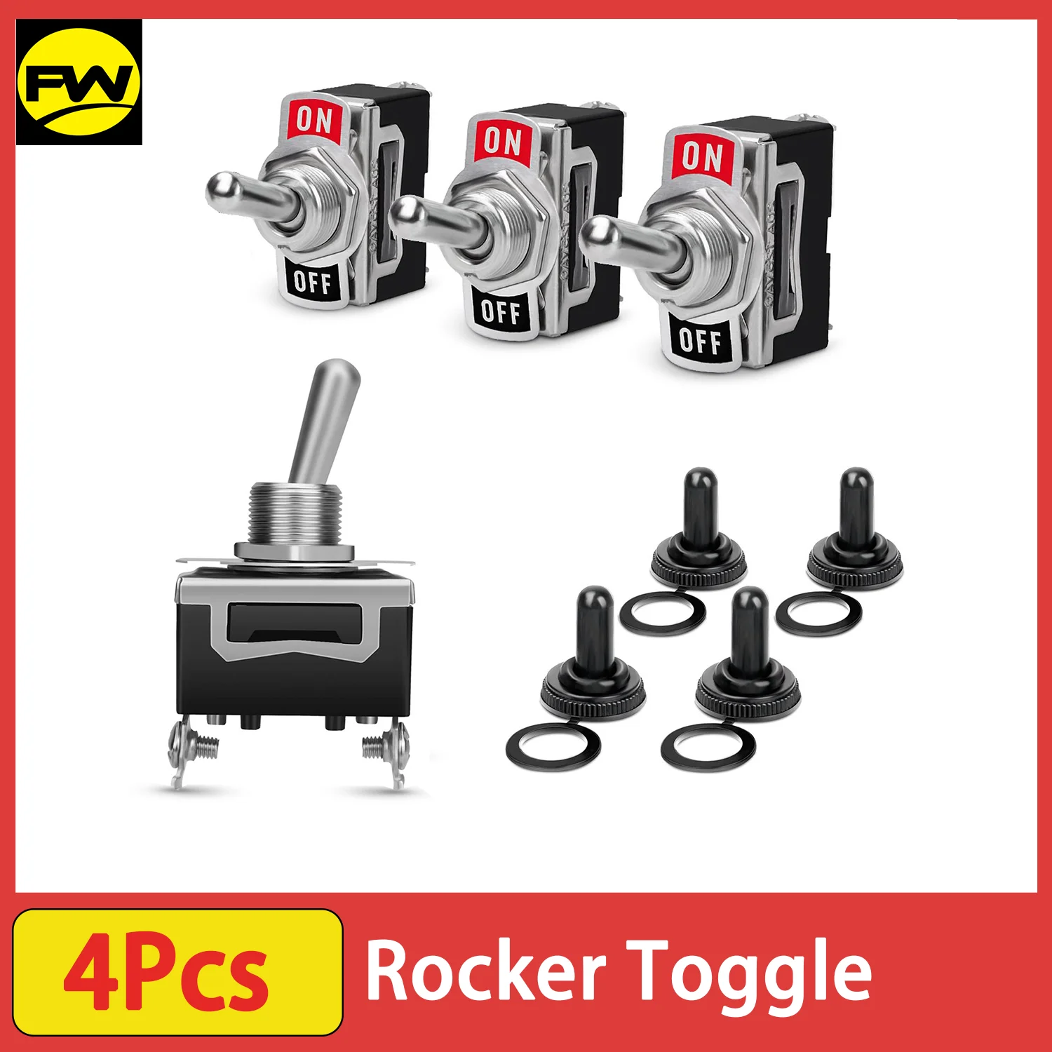 4Pcs Heavy Duty Rocker Toggle 15A 250V 20A 125V SPST 2Pin ON/Off Switch Metal Bat Waterproof Boot Cap Cover, Car Rocker Switches