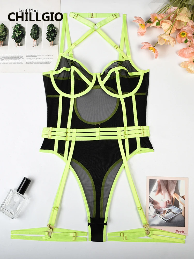 CHILLGIO Women Sexy Transparent Mesh Rompers Erotic One Piece Catsuits Ins Sleepwear Fashion Combination Tight Strappy Bodysuits