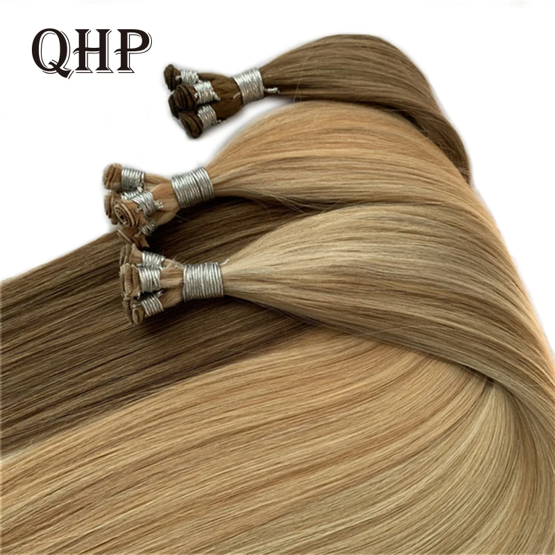 Tied Hair Weft Extensions Straight Brazilian Raw Virgin Natural Hair Bundless Double Weft Seamles Handmade Sew In Silky 100G