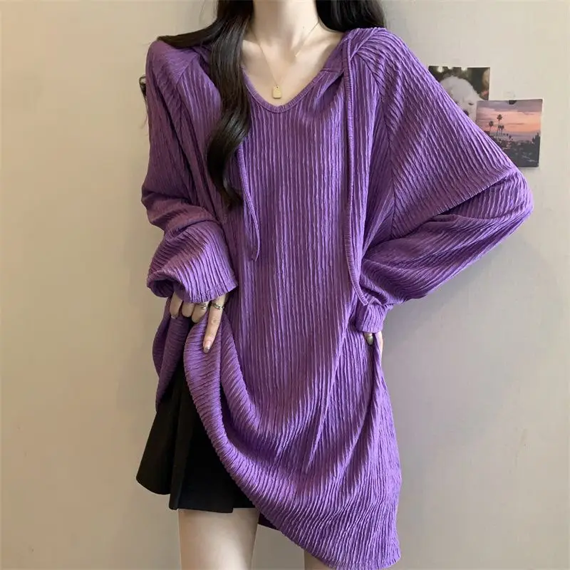 Early Fall Large Size Texture Comfort in The Long Hooded Long-sleeved T-shirt Women Loose Thin Fashion Casual Trend Top Women