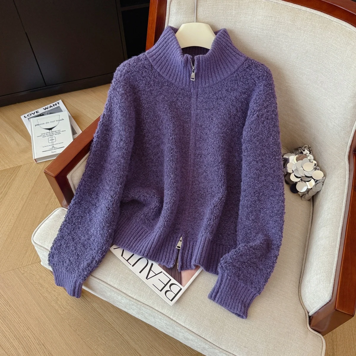 

Женский фиолетовый кардиган с воротником, свитер, верхняя одежда, винтажный джемпер, вязаный кашемировый свитер с длинными рукавами, зимняя одежда 2000-х годов, 2025 г.