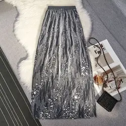 French Style Sweet Summer Women's Elastic Waist Solid Sequined Split Fashion Versatile Slim Mid-length Bag Hip One Step Skirt
