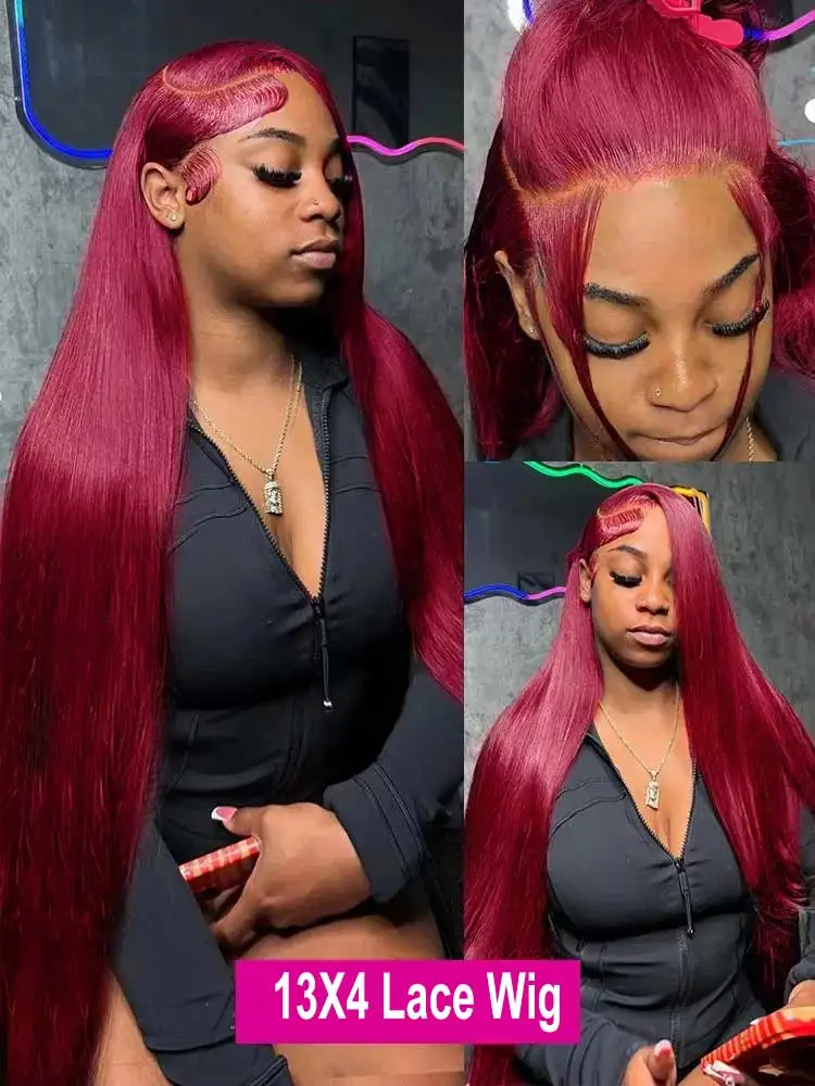 13x4 Burgundy Straight Lace Front Wigs Human Hair Bone Straight Hd Lace Frontal Wigs Colored Red 99J Human Hair Wigs For Women image 2
