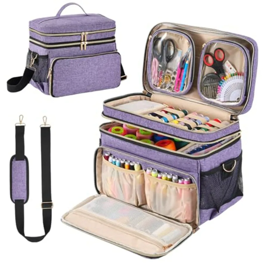 

Large Sewing Ogranizers, 2 Layer Storage Bag for Sewing Supplies with 2 Detachable Pouches Sewing Bag with Shoulder Strap Bag O