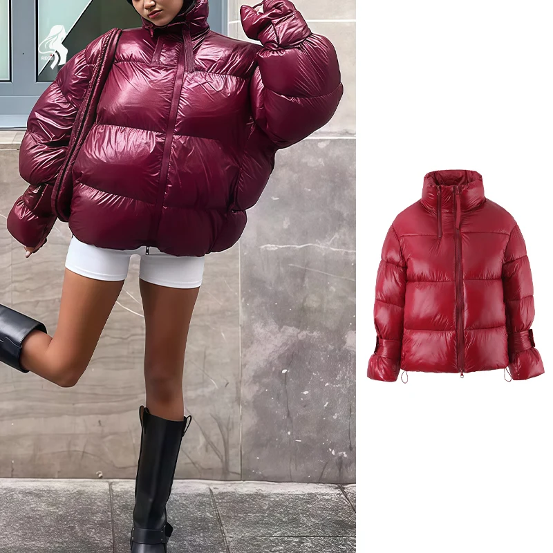 

Womens Cotton Jacket Stand Collar Double Zipper Drawstring Puffer Coat Casual Fashion Jacket Winter Casual Wear Trafizaran