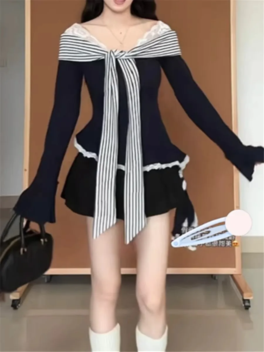 

Slimming Fit Lace Stripe Patchwork Fake Two-Piece oulder Bared Top Women's Autumn Long Sve High Waist Base irt Korean ...