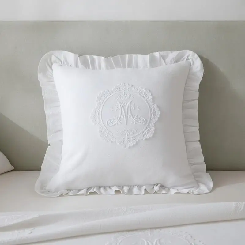 French Style Lotus Frill Lace Pillow Cover Breathable Washed Material Soft Decorative Cushion Cover for Home Office
