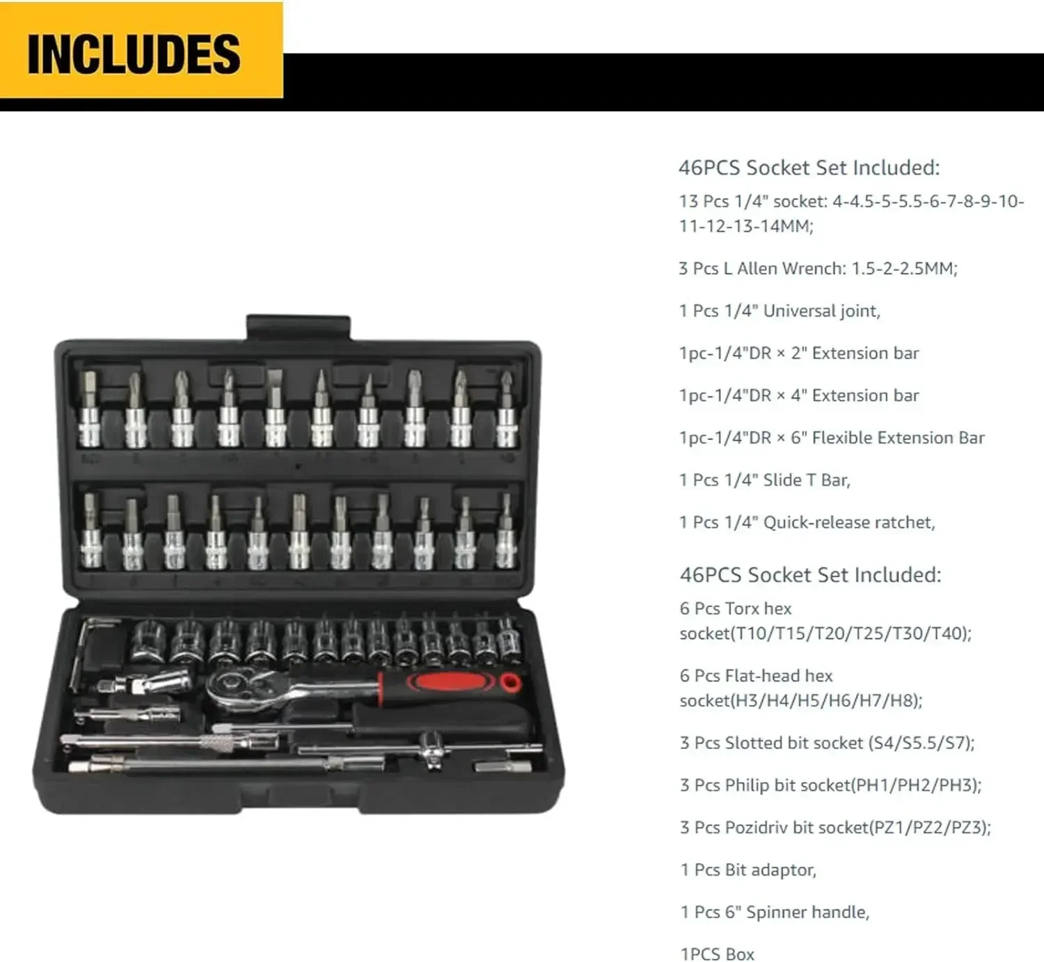 46/53 Pcs Socket Set with Quick-Release Ratchet, Screwdriver Kit, for Manual Use on Automobiles&Trucks with Storage Case