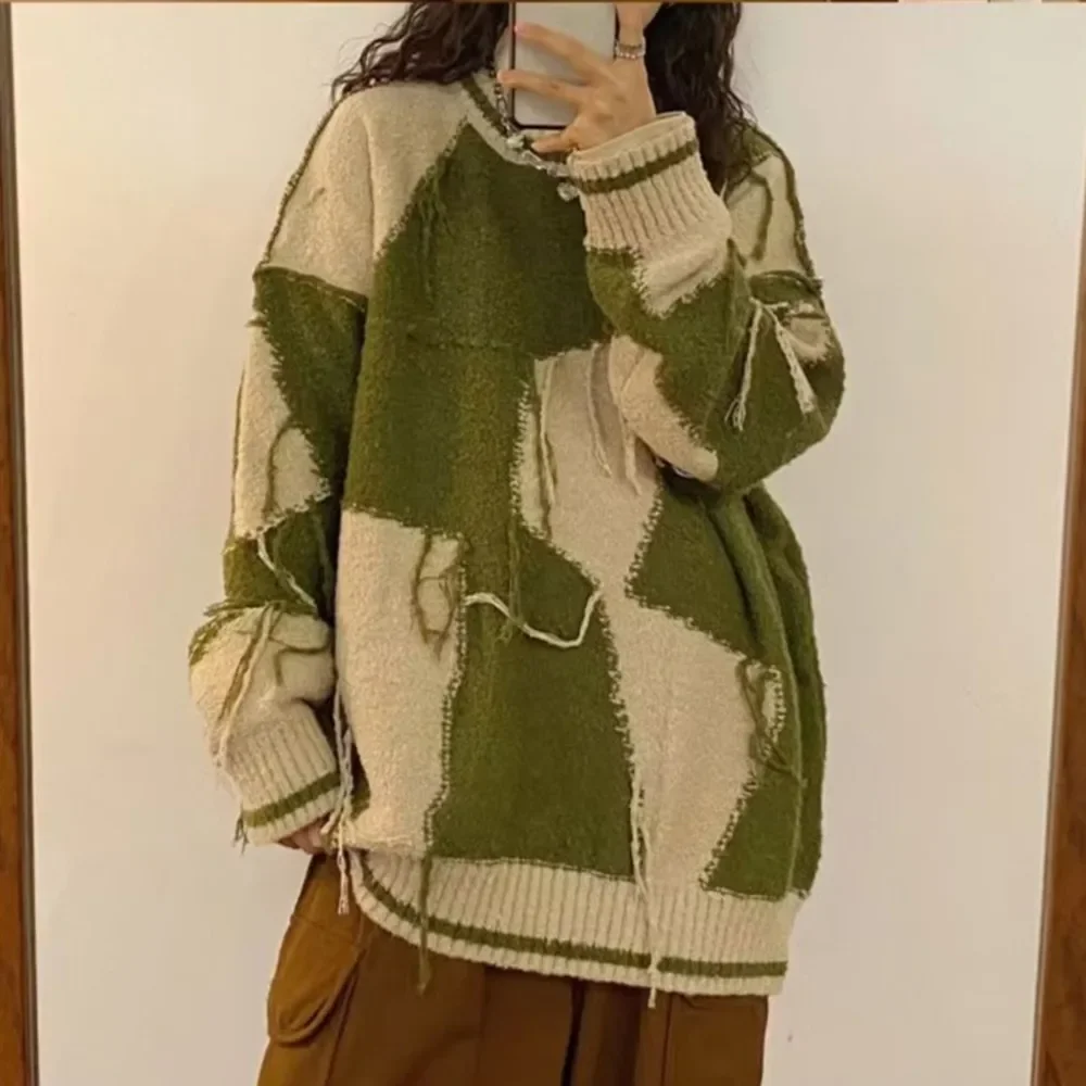 Vintage Patchwork Sweater Women Harajuku Tassel Oversized Knitted Pullovers Streetwear Korean Casual Knitwear All Match Jumpers