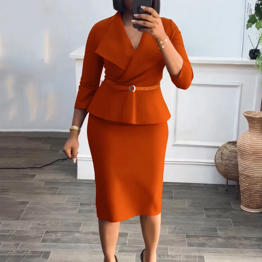 Elegant Office Dresses for Woman V Neck Full Sleeve Belt Waisted Sheath  Package Hips Mid Calf Formal Business Work Wear Gowns OL - AliExpress