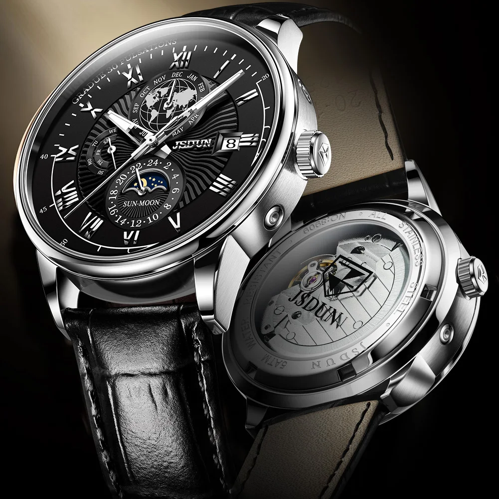 JSDUN Original Leather Strap Automatic Mechanical Watch for Men Best Selling Multifunction Fashion Business Men's Wrist Watches