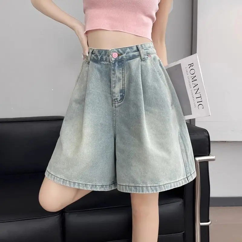 2026 Retro Versatile Denim Shorts Summer High Waist New Loose Five-point Wide-leg Pants