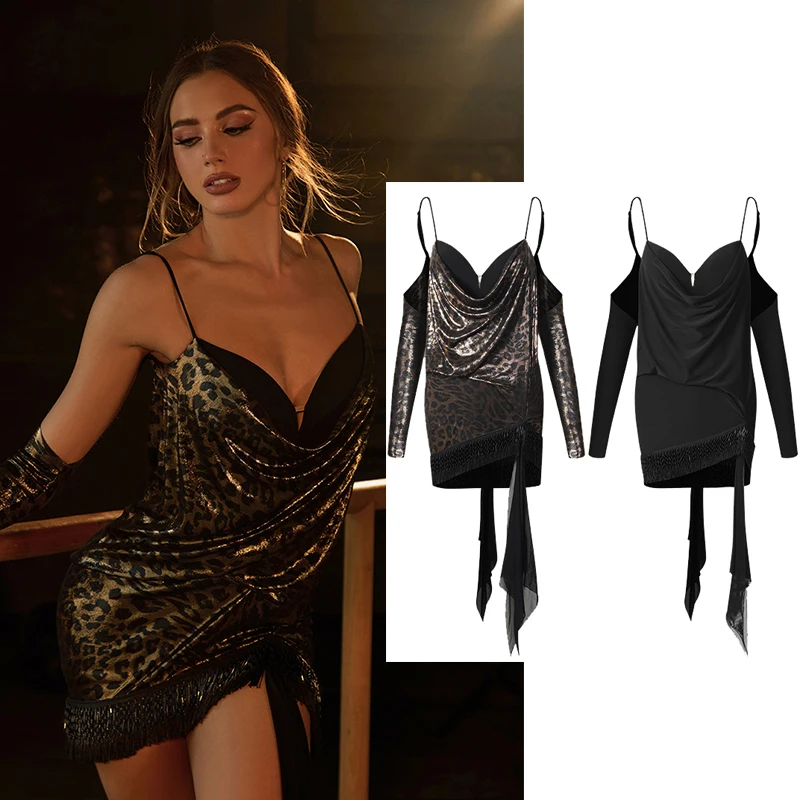 

ZYM платье для латинских танцев, новое женское сексуальное Laeopard, черное платье с открытой спиной и бахромой для взрослых, платье для танцев румбы, клубное платье NV25534