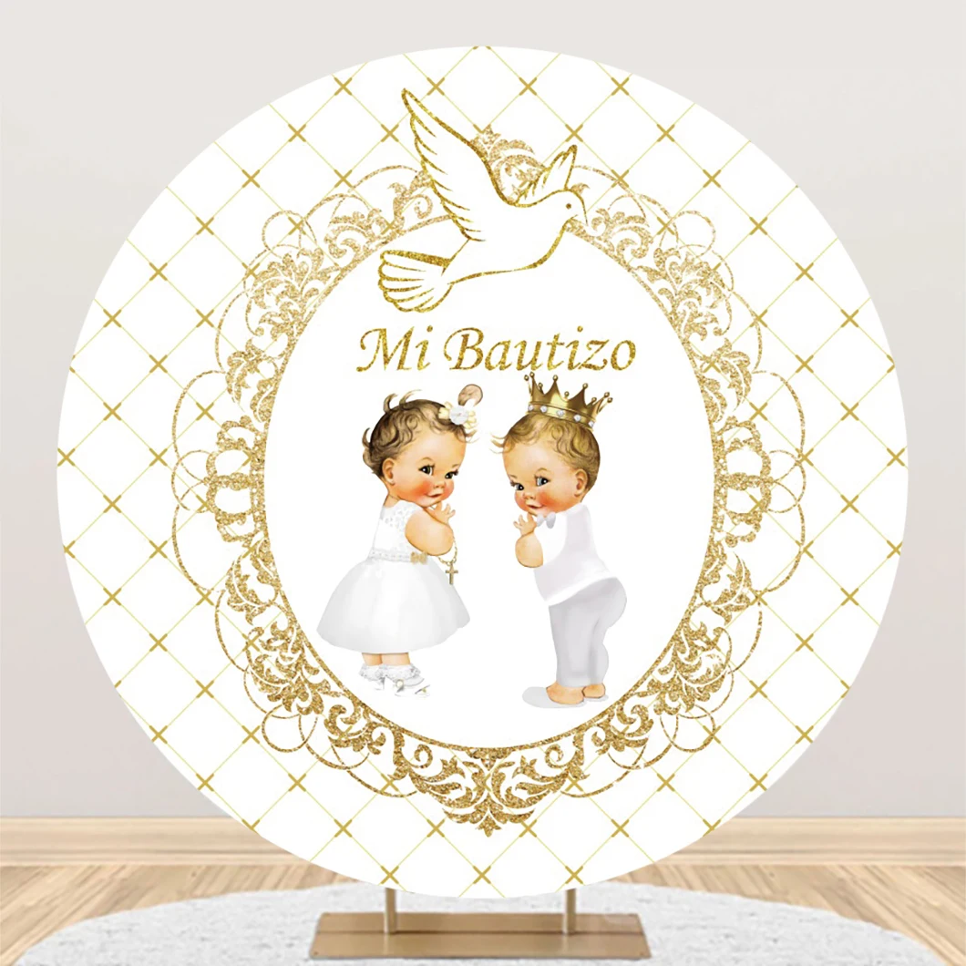 First Communion Round Backdrop Cover God Bless Boy Baptism Baby Shower Birthday Party Baby Portrait Photography Background Decor