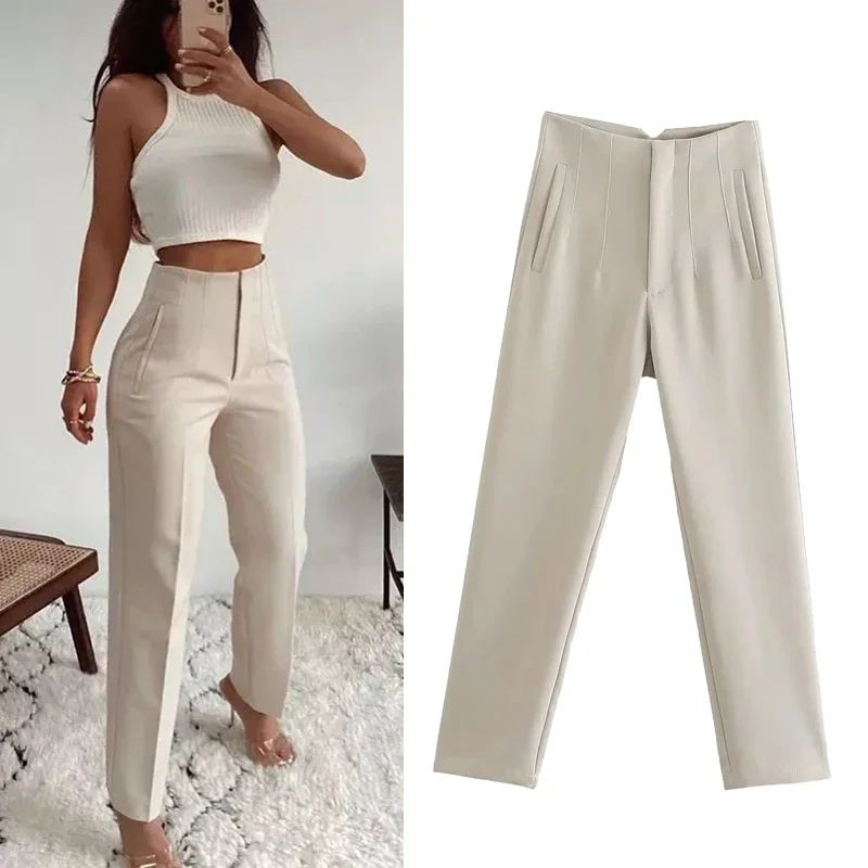 TRAF-Pantalon Crayon Haut pour Femme, Tenue de Bureau Formelle, Disponible en Noir, Rose et Blanc, à la Mode