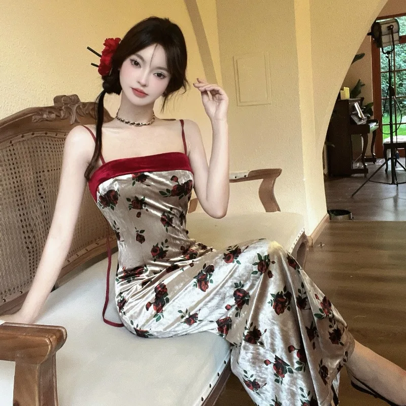 New Chinese Sle Sexy Print Gold Velvet Patchwork Strapl Bodycon Dr Slimming Fit Commute Wind Autumn Season ex