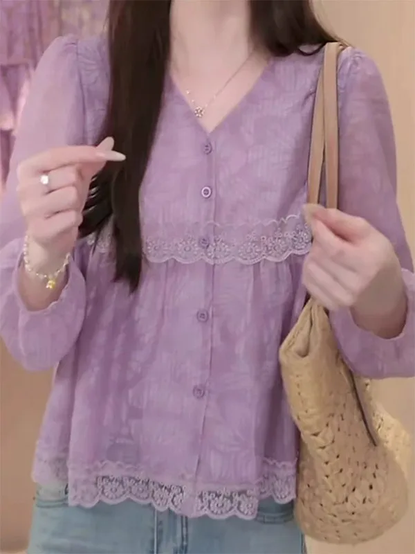 루즈핏 플로럴 롱 슬리브 V넥 여성 캐주얼 편안한 핏 어깨 라인 디자인 여름 상의 큰 사이즈