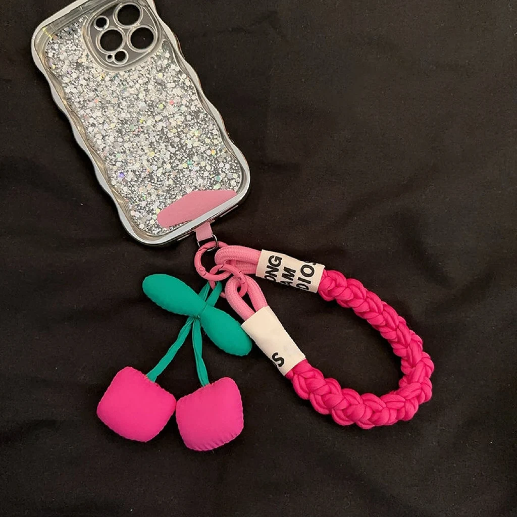 

Ins Green Leaf And Pink Cherry Original Handmade Pendant Lanyard Phone Case Key Holder Wrist Style for Women CCD Camera Backpack