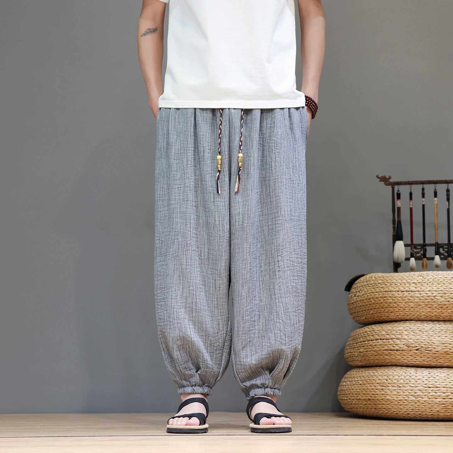 Calças Cargo Baggy Estilo Yamamoto para Homens, Calças Tradicionais de Perna Larga 6XL, Vintage, Verão, Seda de Gelo, Respirável, Calças Masculinas