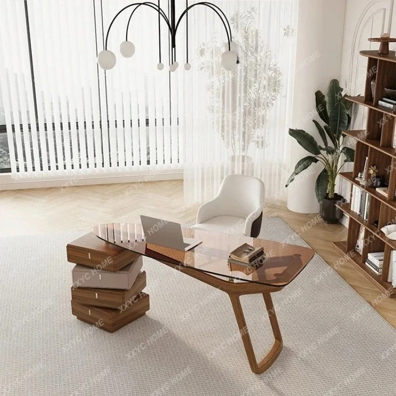 X-S Light Luxury High-end Special-shaped Solid Wood Desk Rotating Tempered Glass Study Table HG