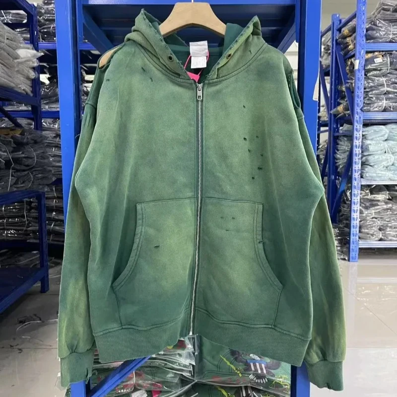 Destroy Hole Saint Michael Zip Jackets Men Women Washed Green Vintage Oversized Hoodie