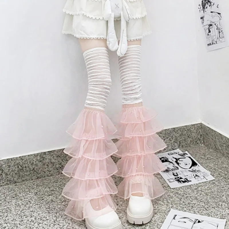 

2024 Harajuku lace ruffles Leg Warmers Punk Female Summer Thin Mesh Lace Star Jacquard Tube Cover Socks Women Lolita Calf Gothic