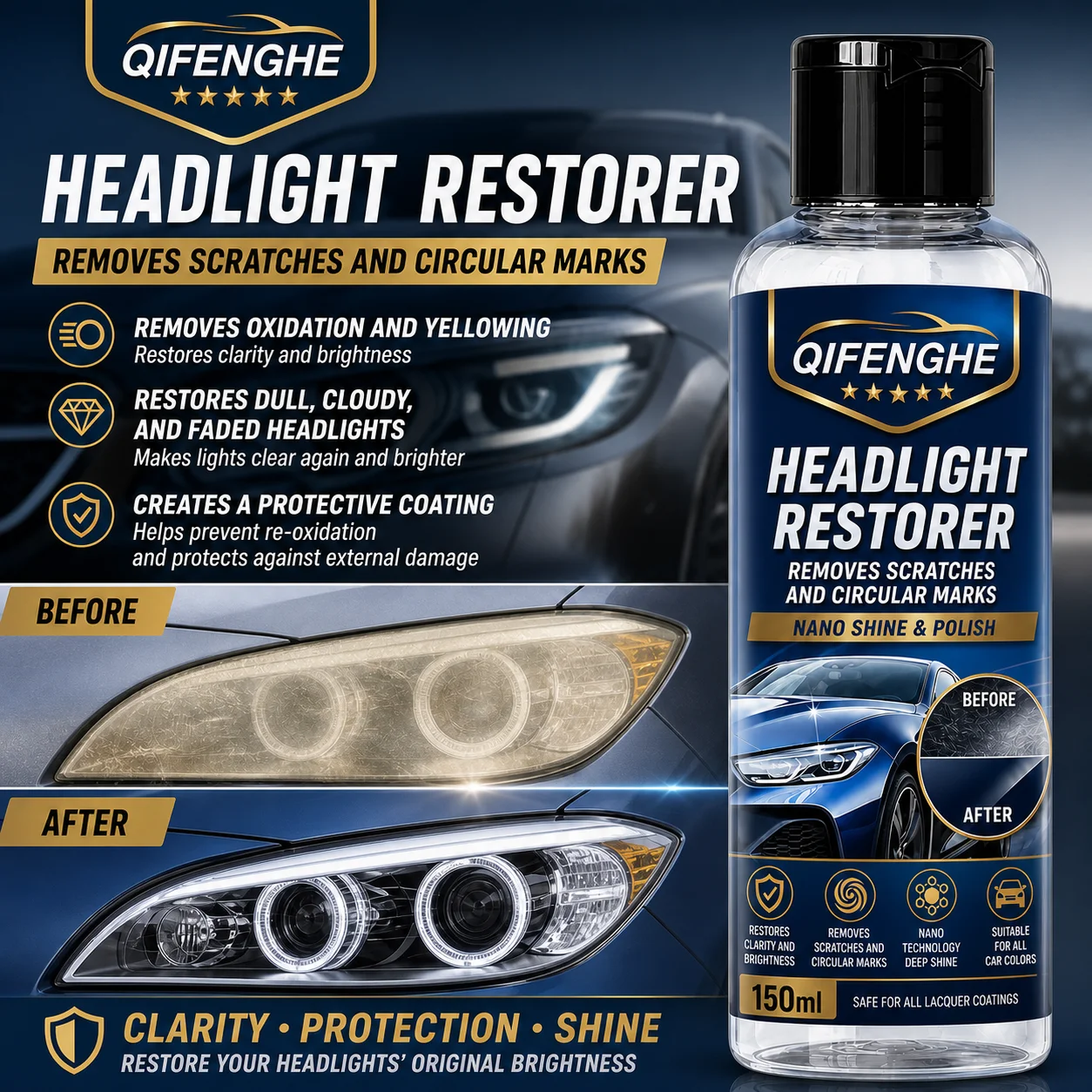 QIFENGHE 150ml Car Headlight Restorer, Remove Oxidation Yellowing & Scratches, Restore Headlight Clarity, Nano Protective Coatin