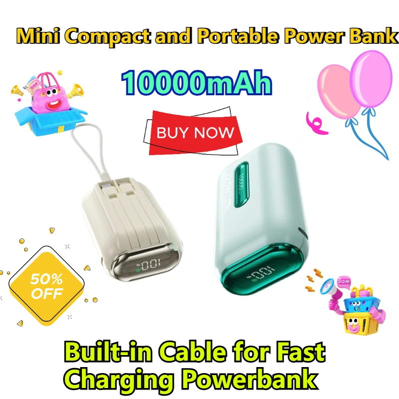 

10000mAh Mini Compact and Portable Power Bank with Built-in Cable for Fast Charging Powerbank
