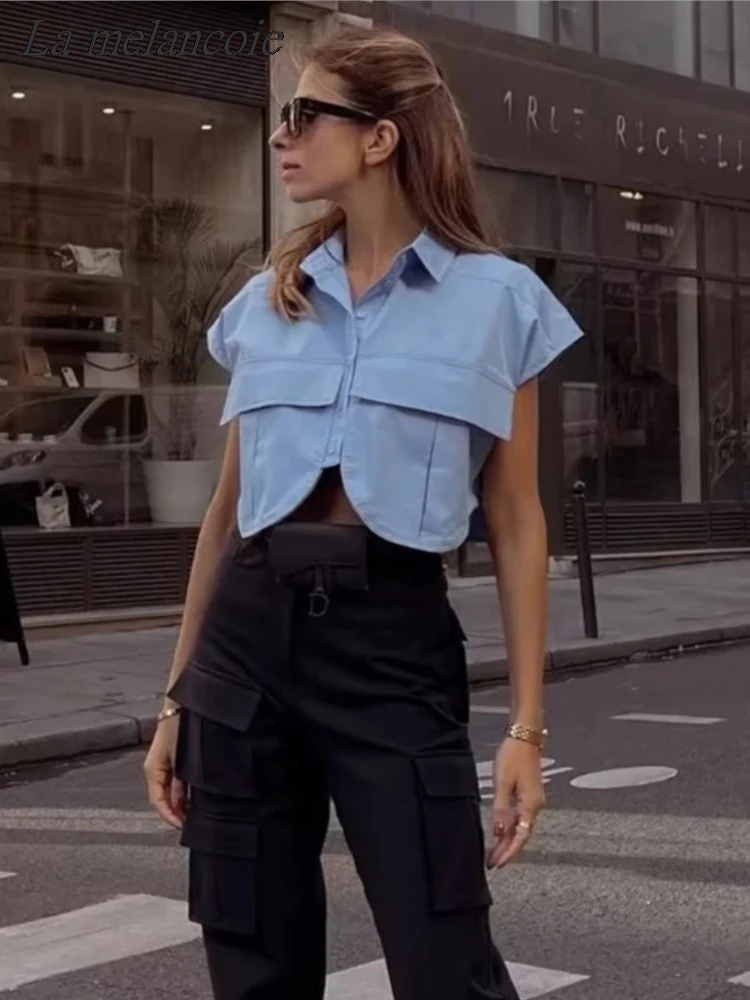 Mulheres manga curta de botões crop top, camisa elegante, azul, solta, chique, escritório, branco, verão, nova moda, 2024