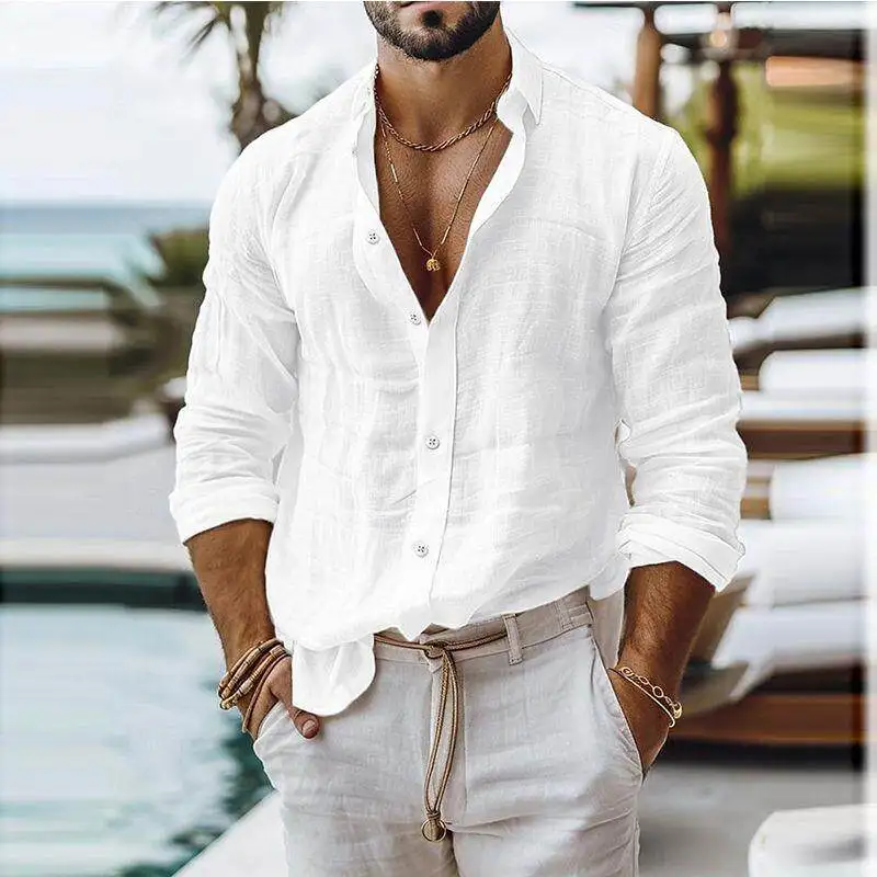 

American Retro Fashion Men's Long Sleeve Linen Loose Casual Shirt Cleanfit Style Pure Color Citywalk Suitable Male Innerwear