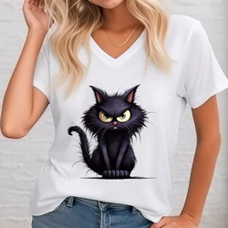 2024 Summer V-Neck T-Shirts Women 3D Animal Angry Cat T Shirt Fashion Casual Short Sleeve Shirt Harajuku Style Anime Kitten Tees