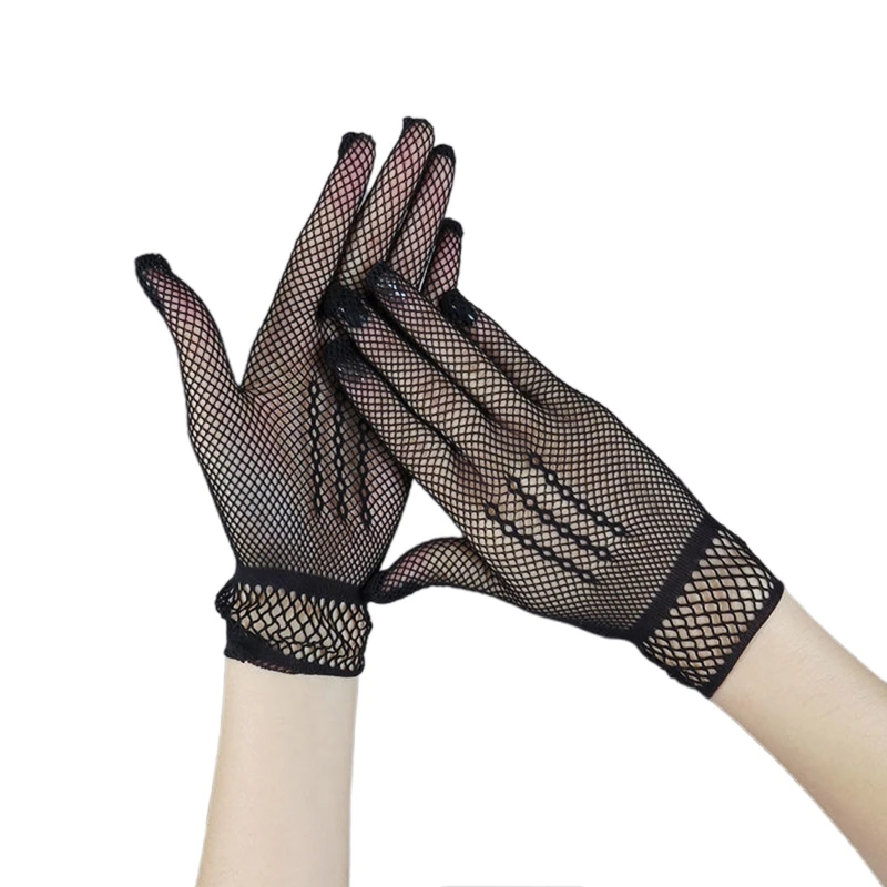 652F Sexy Elastic Mesh Gloves with Black White Pleated Cuff Bungee Stage Performance Hollow Fishnet Punk Hip Hop Women Gloves