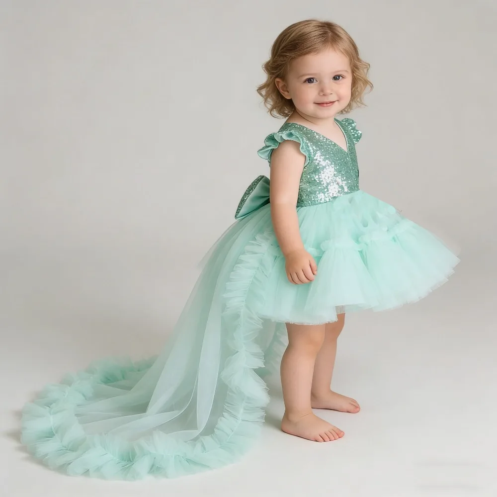 

Мятно-зеленое платье для девочек на день рождения с рюшами на рукавах, пайетками, длиной до колена, из фатина, для девочек-цветочниц, со съемным шлейфом/бантом, на заказ