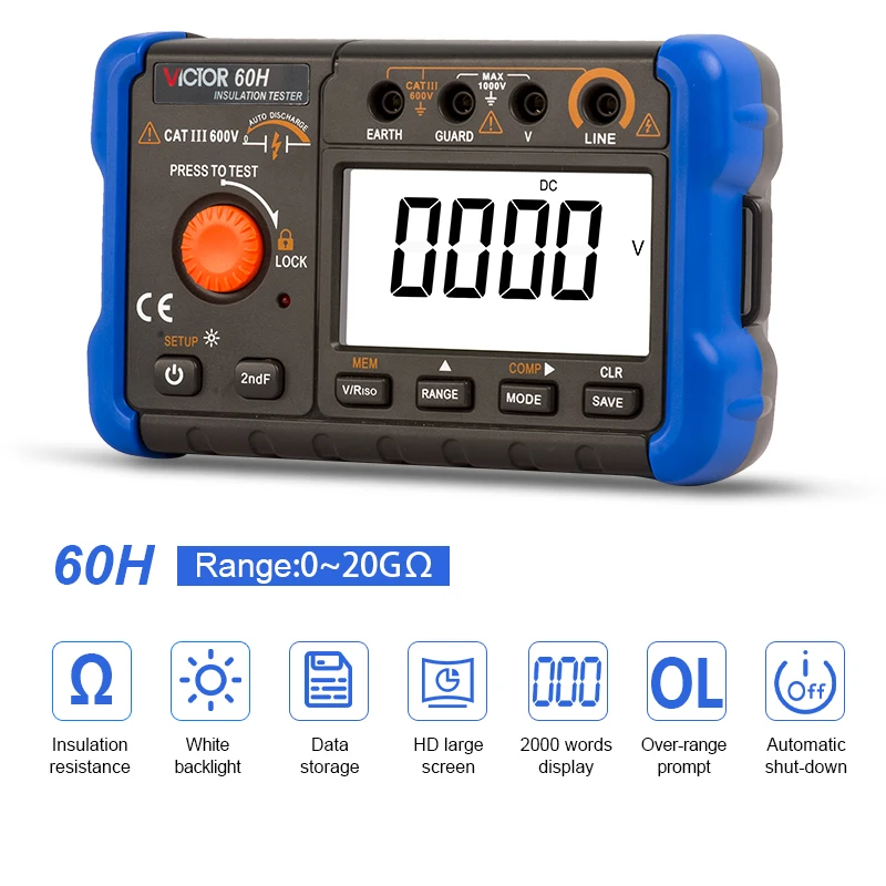 Ruoshui 60h شاشة الكريستال السائل اختبار العزل الرقمي 1000 فولت مع تسجيل البيانات Megohmmeter