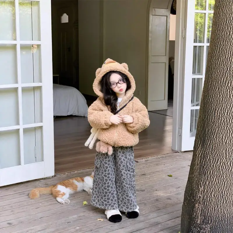 

2025 Girls' Autumn Winter Warmth Coat Thicken Pure Color Hooded Jacket Cartoon Bear Tops Comfortable Children Clothes Trendy