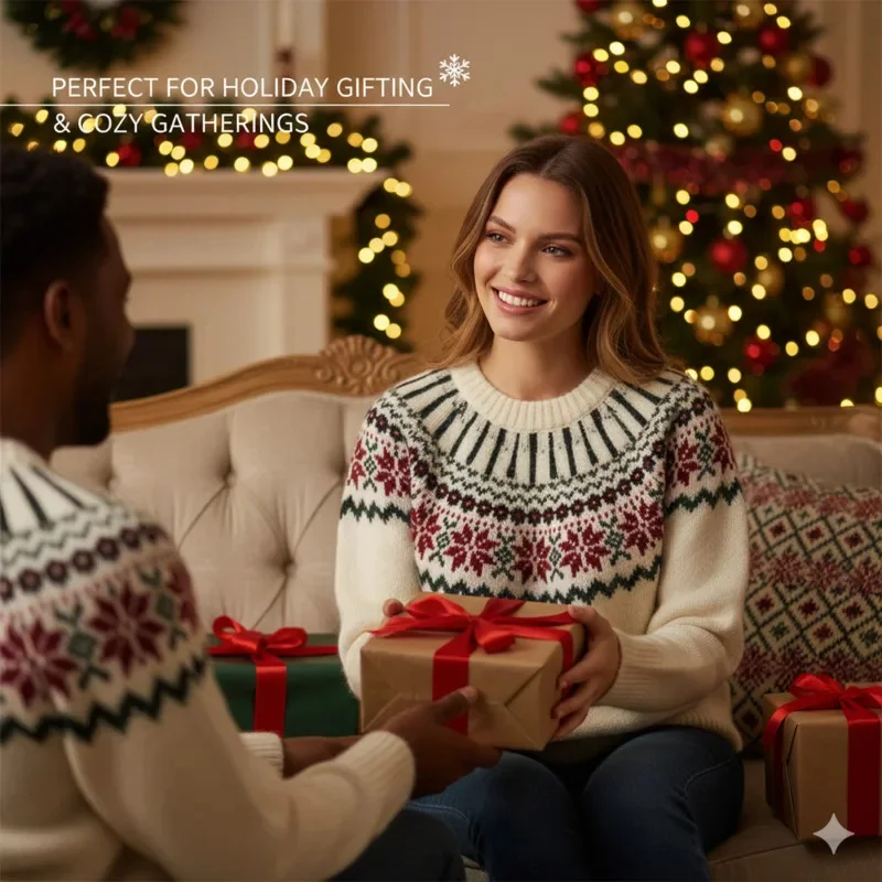 

Vintage Christmas Fair Isle Sweater Women Casual Red Pullover Soft Thick Knitwear Loose Winter Warm Top Holiday Outfit Top New