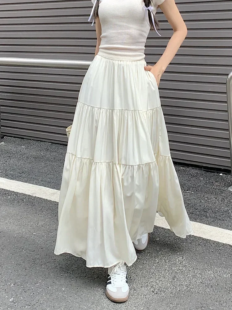 

Elegant Solid Maxi Skirt Women 2024 Spring Summer Korean Casual Patchwork Pockets A Line High Waist Long Female Z571