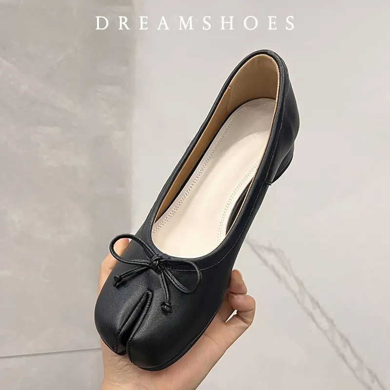 Spring Women Flat Split Toe Shoes with Bow Soft Leather Bow Tie Front Shallow Slip On  Girls Tabi Shoes Flats Ballet Shoes