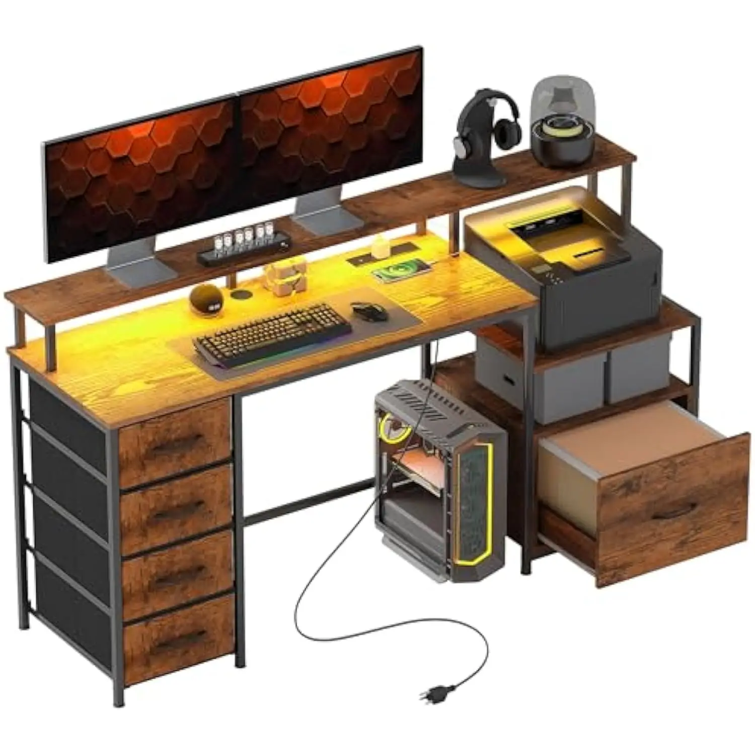 

HOMCOM 67" Gaming Desk with File Cabinet and Fabric Drawers, Computer Table with Power Outlets and LED Lights, Monitor Stand an