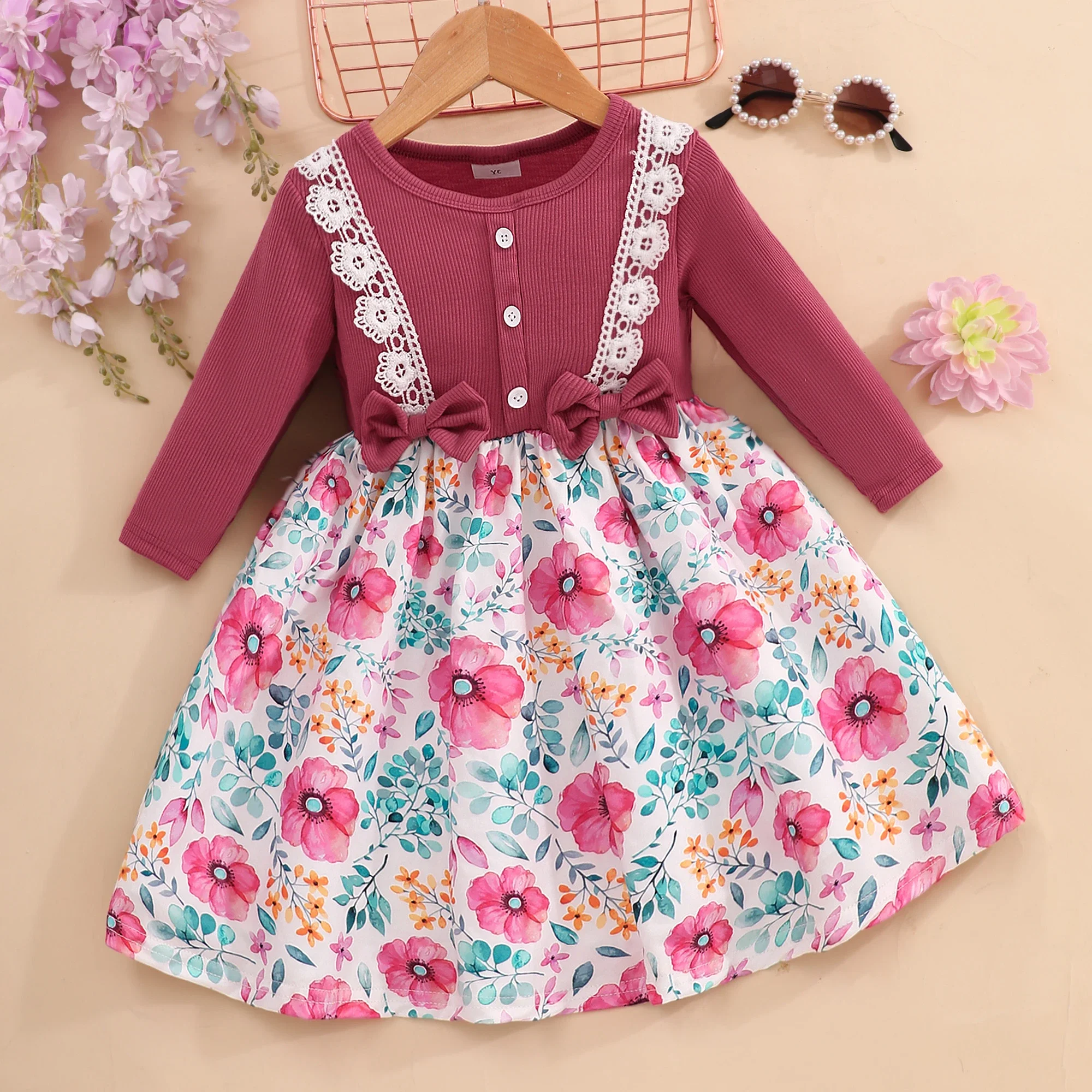 

2024 New Kids Girls Dress Autumn Long Sleeve Flower Print Casual Children Dress Birthday Party Dress Girls Clothes 3-7 Years Old