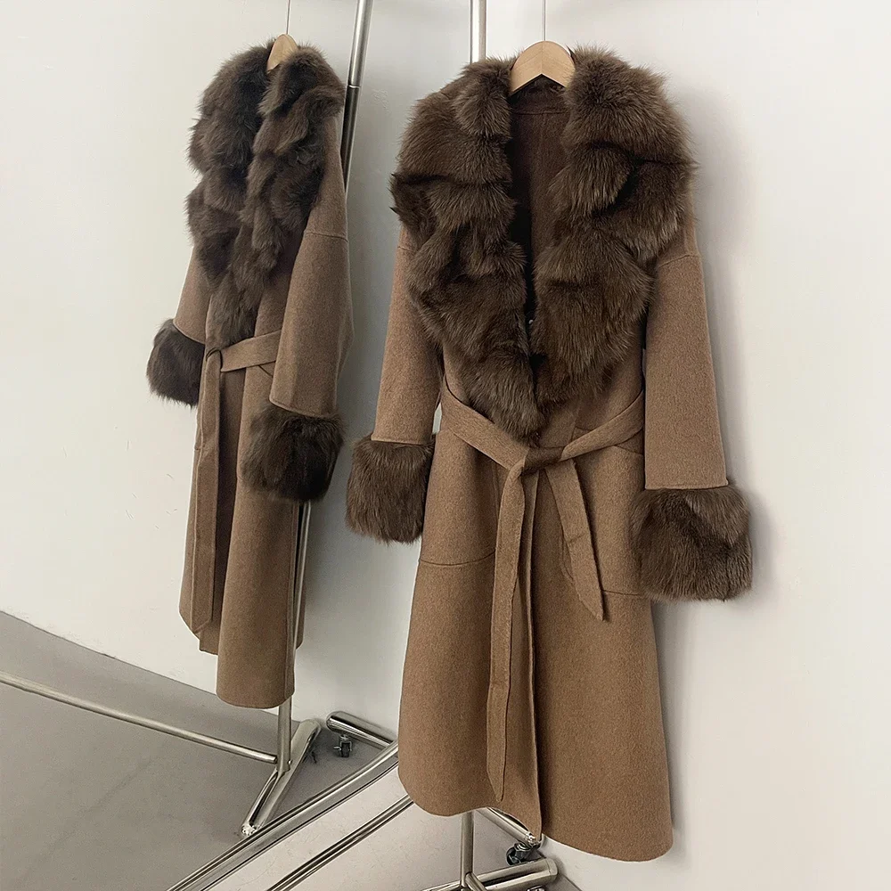 Casaco de lã superior roupas longas quente gola de pele de raposa real e punhos feminino novo outono inverno casacos de pele natural para mulher jaqueta de lã